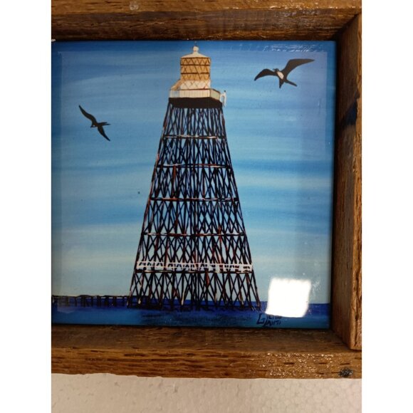 Vintage Cottage On The Shore Tile Wall Art Decor Framed Handmade Coastal Beach - Picture 2 of 6